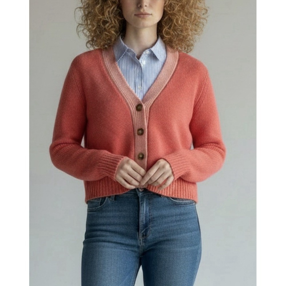 La Ligne Cropped Cardigan Sweater XS Coral Pink Wool Cashmere Coquette Preppy